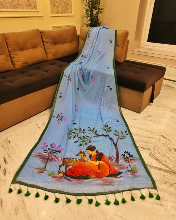 Sakuntala Hand Print Sky Blue Cotton Saree