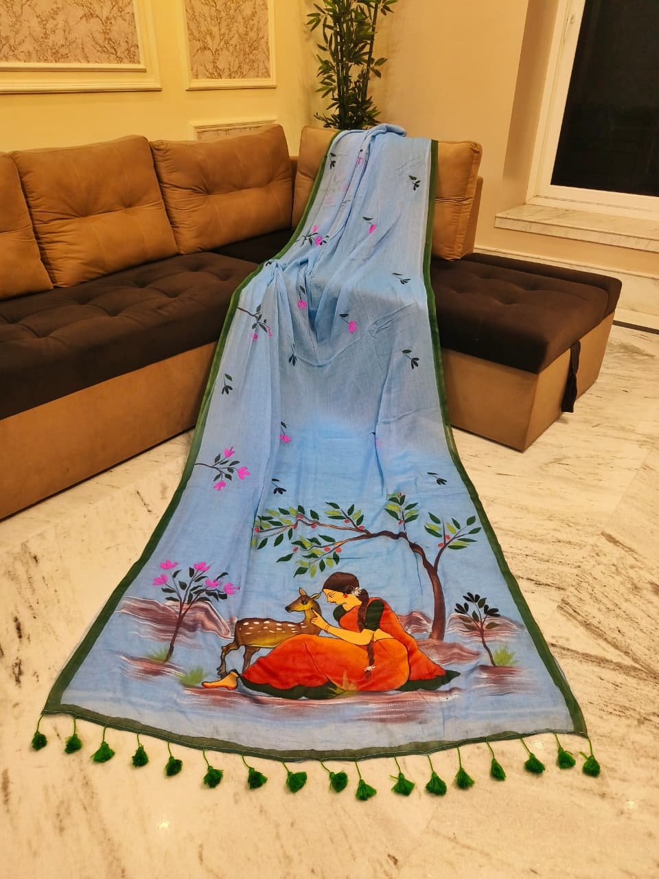 Sakuntala Hand Print Sky Blue Cotton Saree