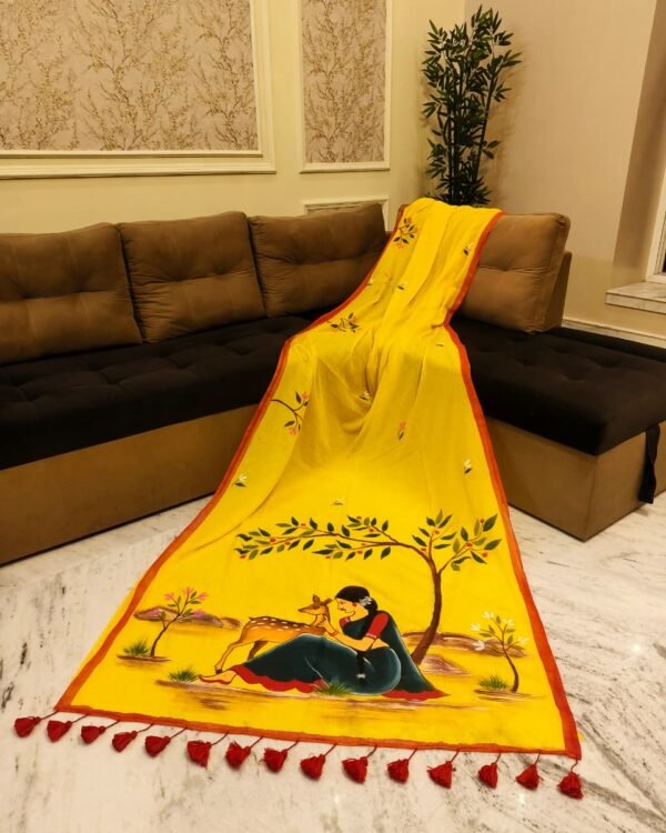 Sakuntala Hand Print Yellow Cotton Saree