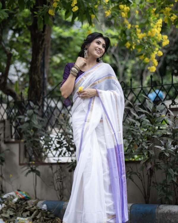 Mul Cotton White Purple Soft Cotton Saree