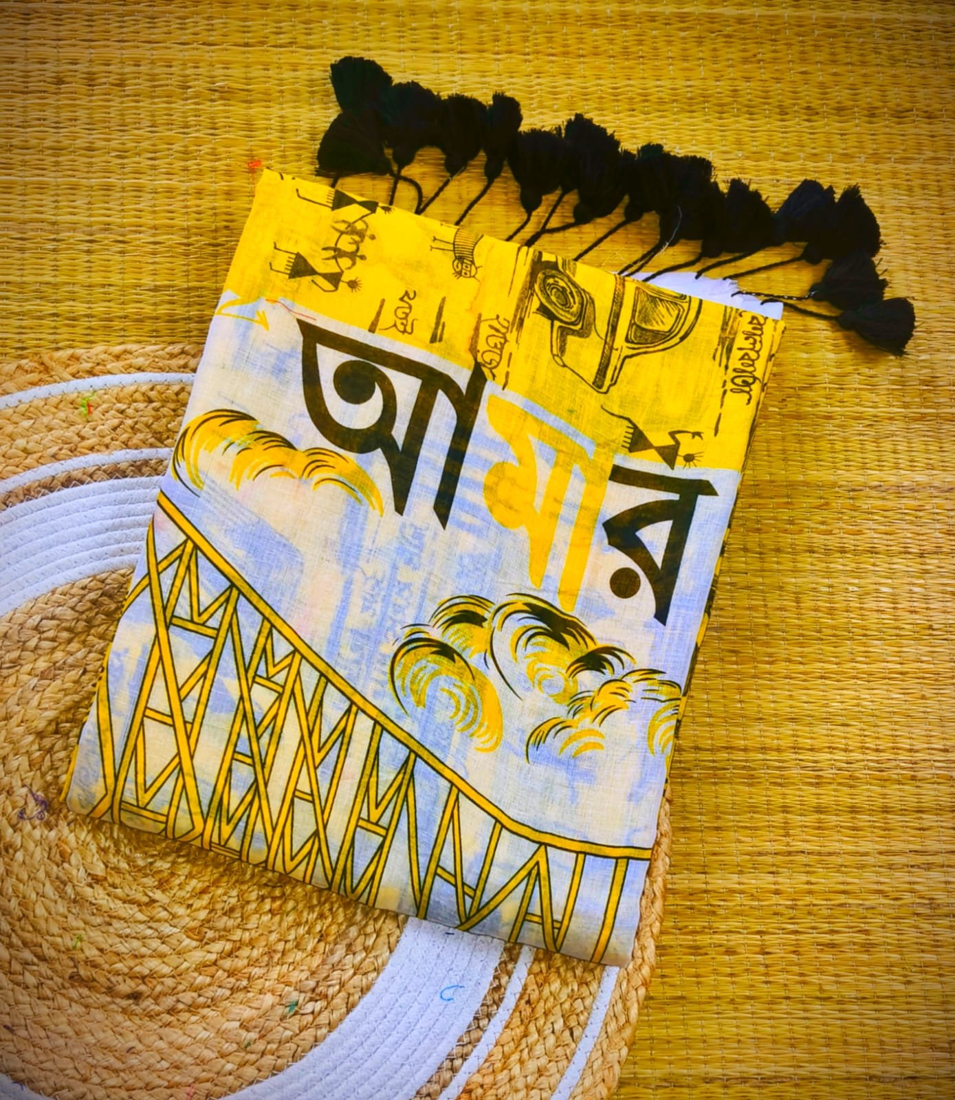 Mul Cotton Amar Kolkata Print Yellow Black Soft Saree - Image 2