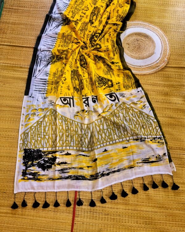 Mul Cotton Amar Kolkata Print Yellow Black Soft Saree