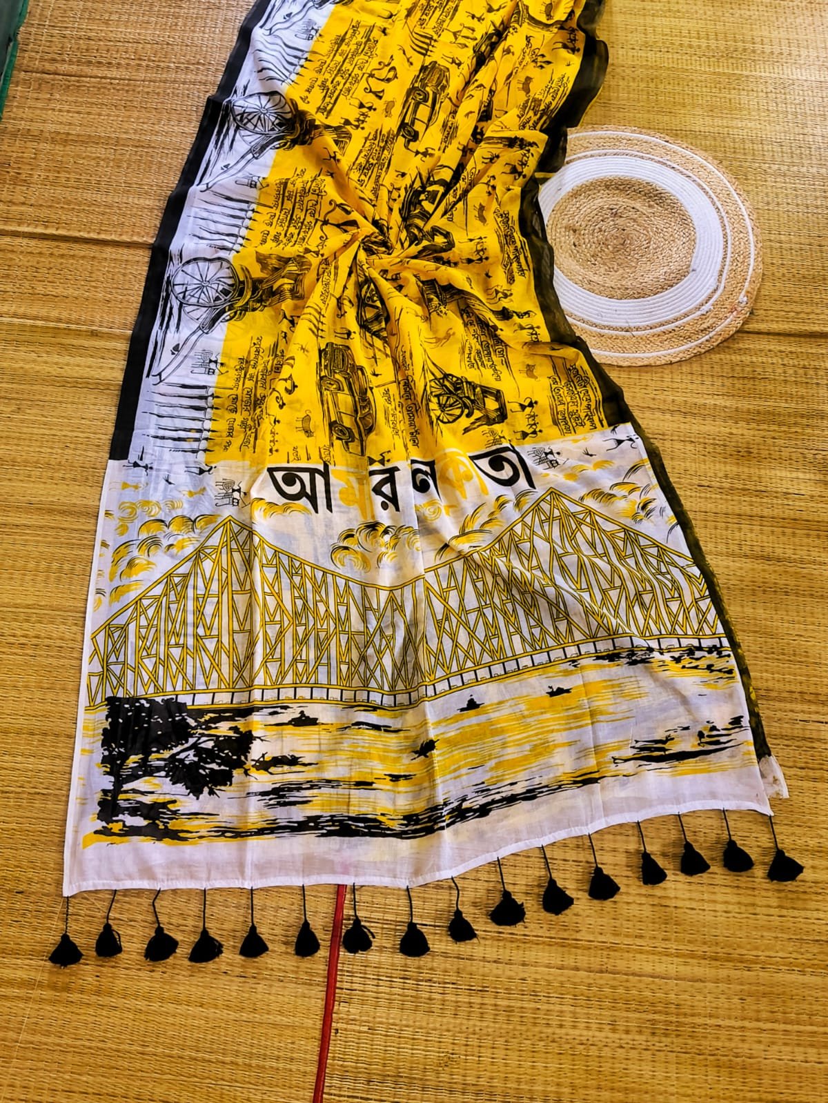 Mul Cotton Amar Kolkata Print Yellow Black Soft Saree