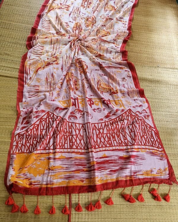 Mul Cotton Amar Kolkata Print Red Yellow Soft Saree