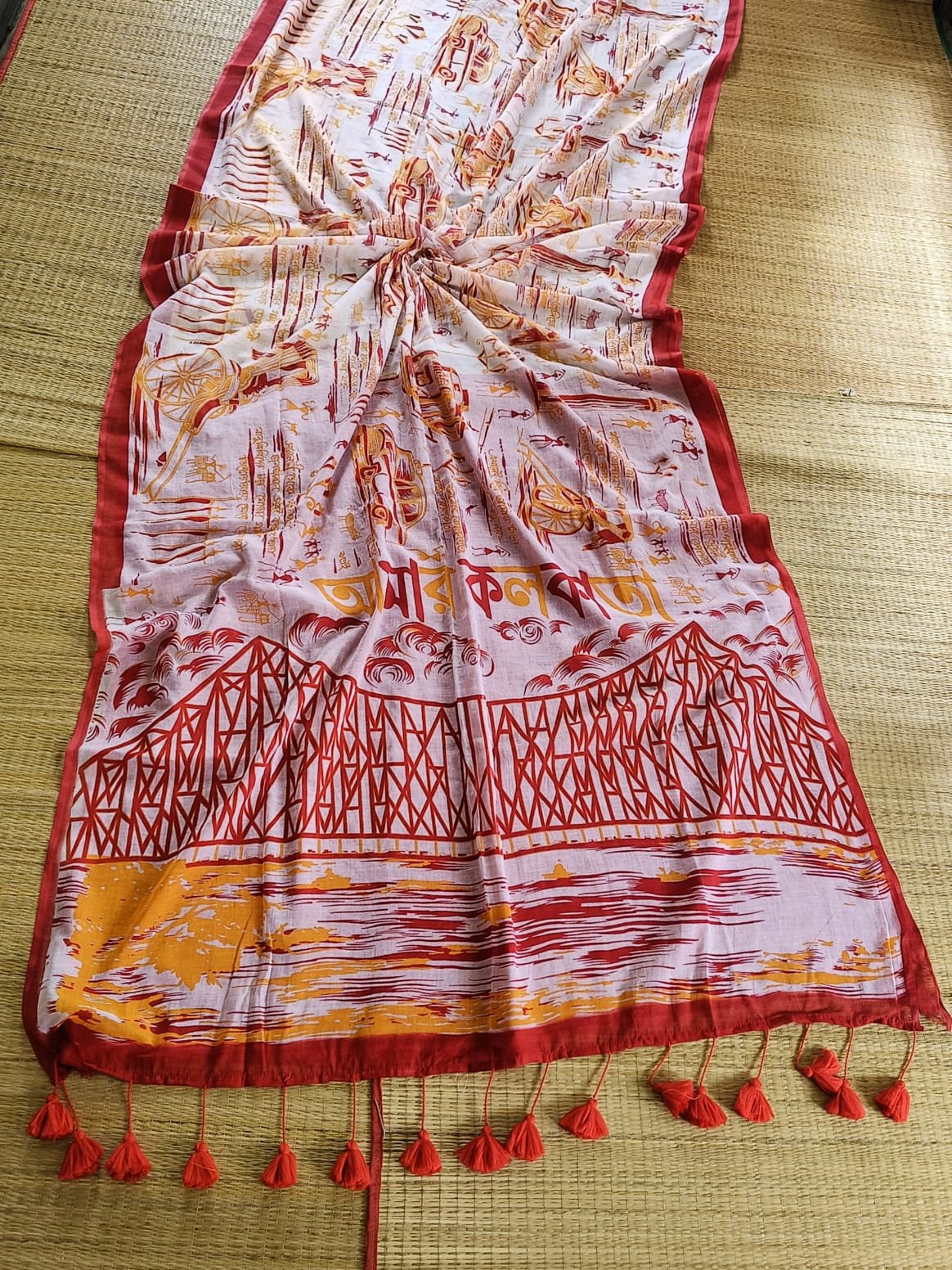 Mul Cotton Amar Kolkata Print Red Yellow Soft Saree