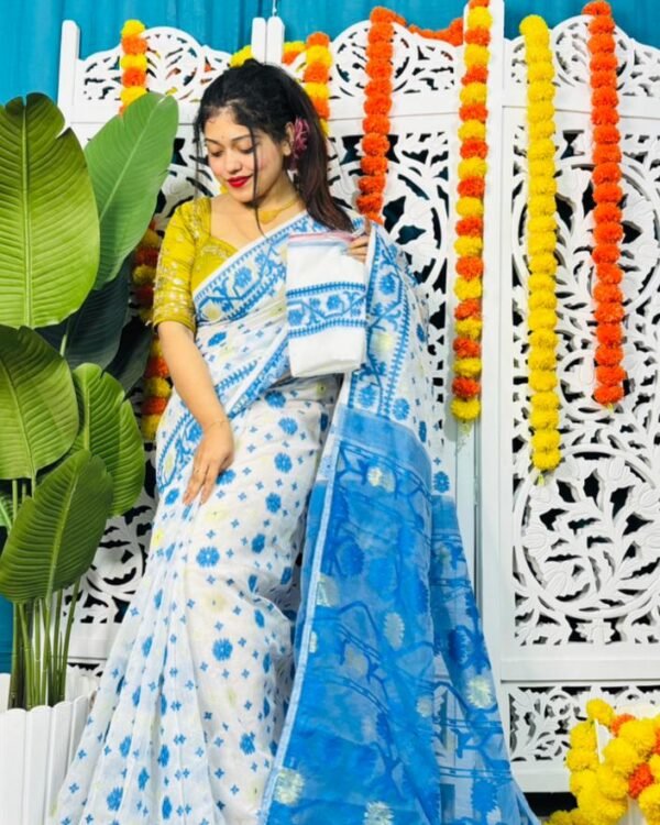 Star Buti Soft White Blue Jamdani Saree