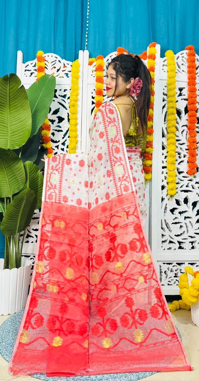 Star Buti Soft White Red Jamdani Saree - Image 2