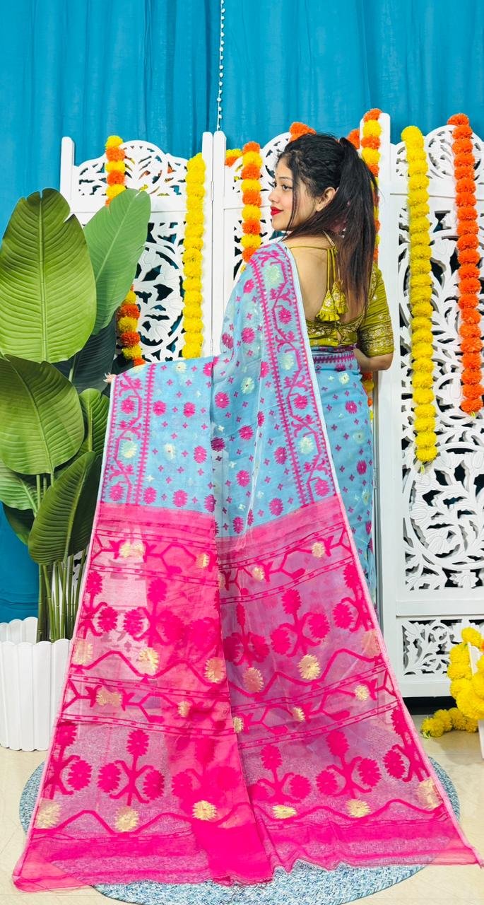 Star Buti Soft Sky Blue Rani Jamdani Saree - Image 2