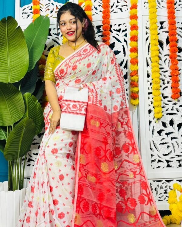 Star Buti Soft White Red Jamdani Saree
