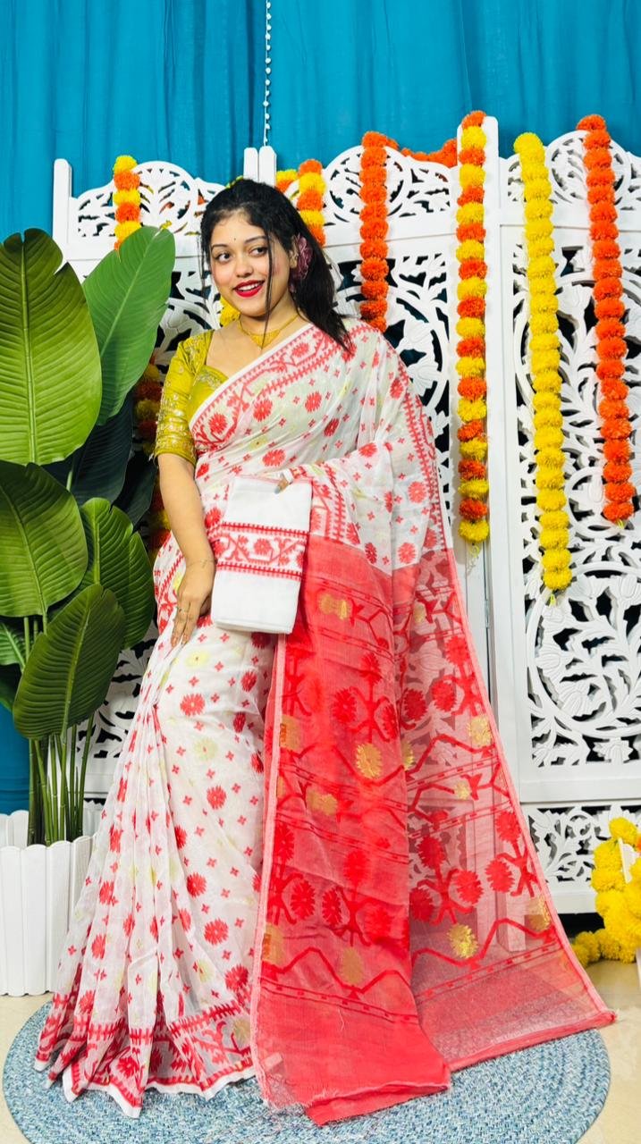 Star Buti Soft White Red Jamdani Saree