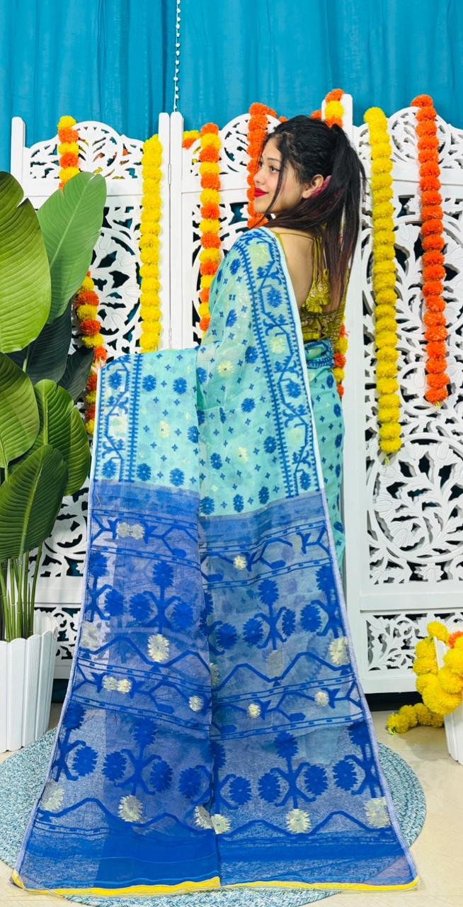 Star Buti Soft Firoja Blue Jamdani Saree - Image 3