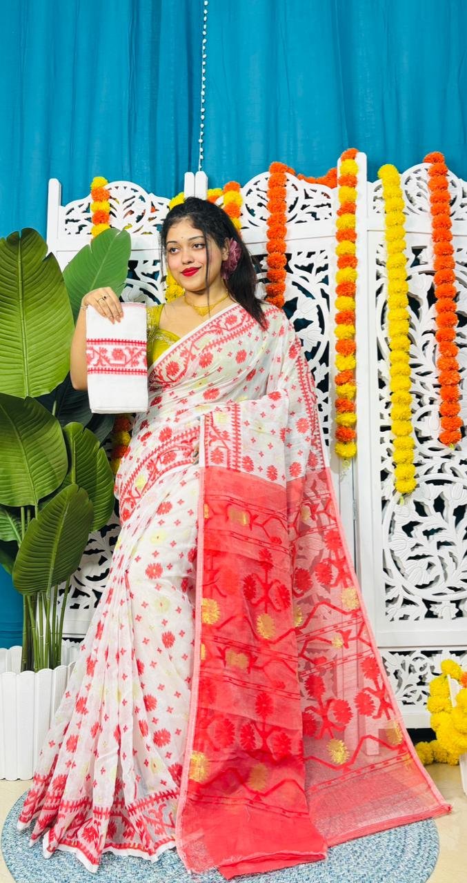Star Buti Soft White Red Jamdani Saree - Image 3