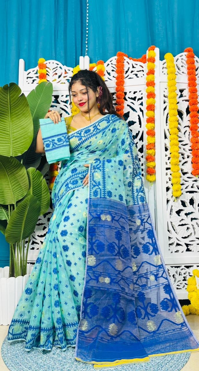Star Buti Soft Firoja Blue Jamdani Saree - Image 2