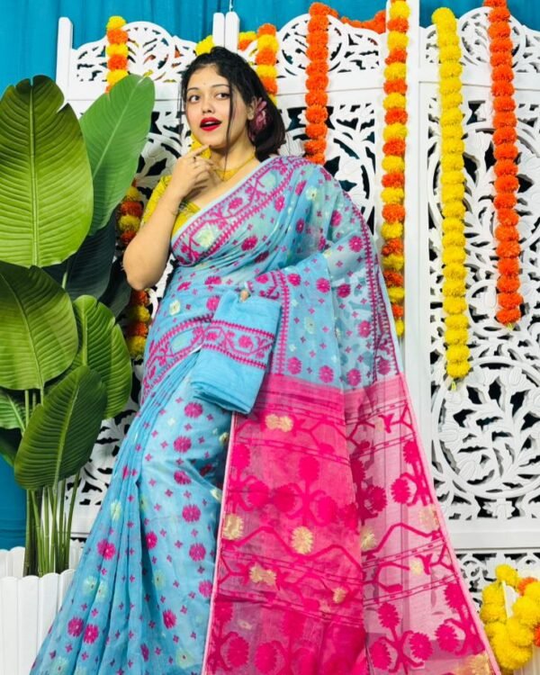 Star Buti Soft Sky Blue Rani Jamdani Saree