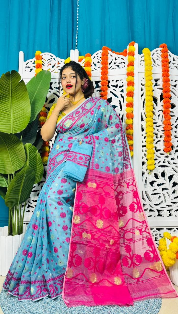 Star Buti Soft Sky Blue Rani Jamdani Saree