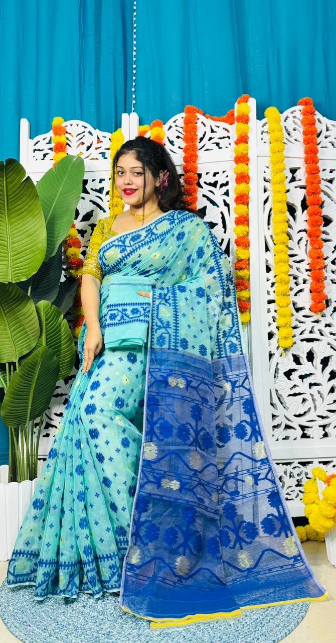 Star Buti Soft Firoja Blue Jamdani Saree