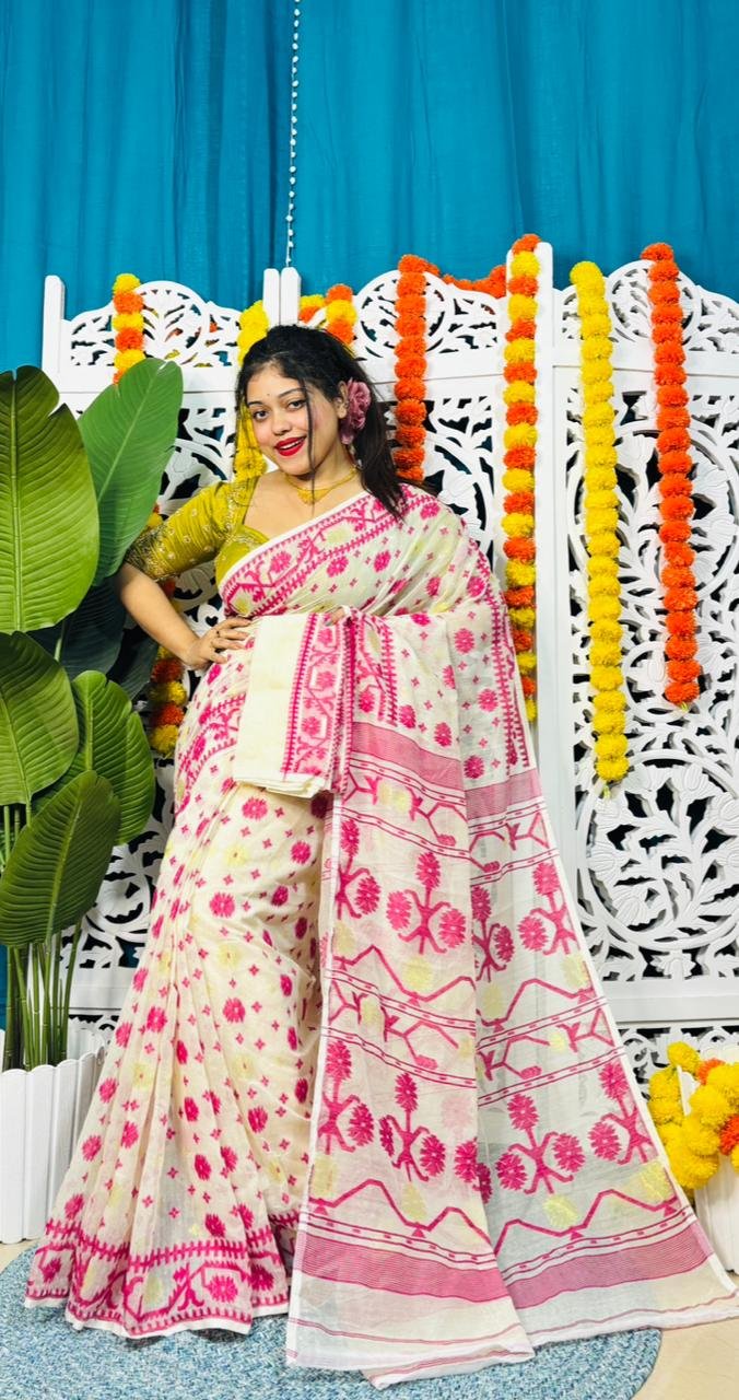 Star Buti Soft Cream Rani Jamdani Saree