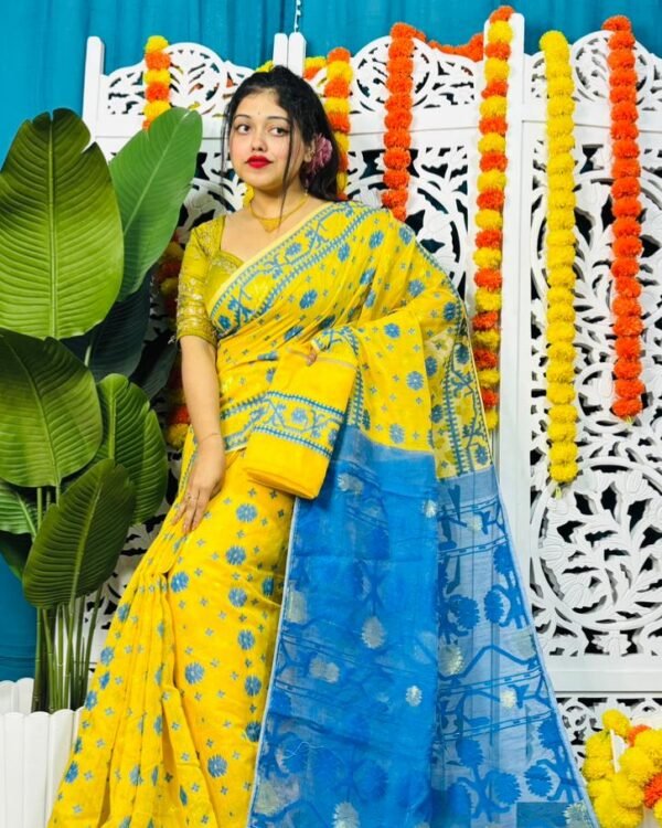 Star Buti Soft Yellow Blue Jamdani Saree