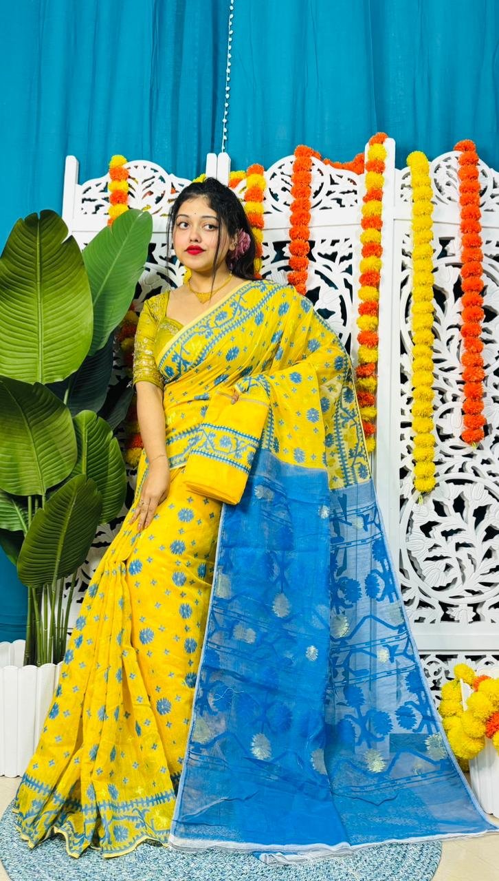Star Buti Soft Yellow Blue Jamdani Saree