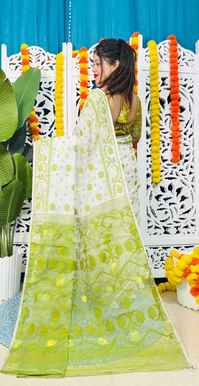 Star Buti Soft White Pasta Jamdani Saree - Image 2