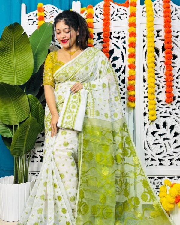 Star Buti Soft White Pasta Jamdani Saree