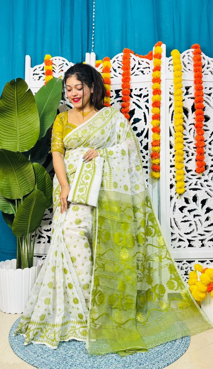 Star Buti Soft White Pasta Jamdani Saree