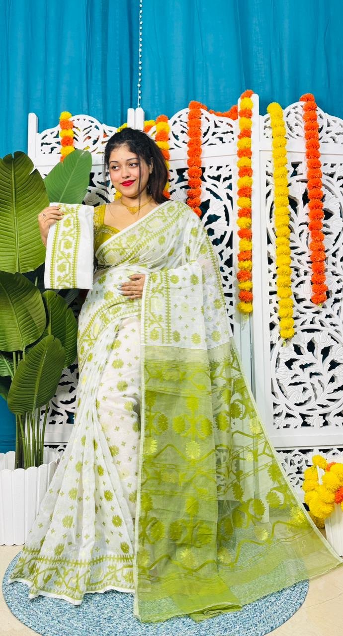 Star Buti Soft White Pasta Jamdani Saree - Image 3