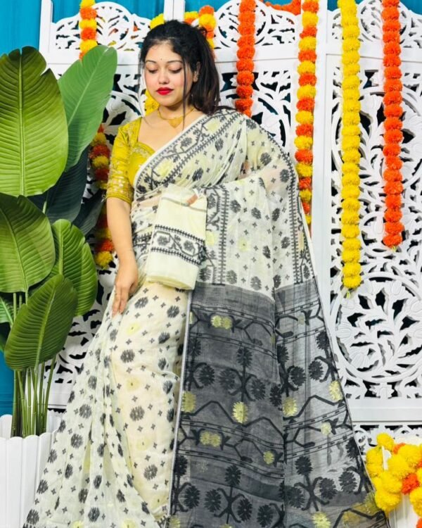 Star Buti Soft Cream Black Jamdani Saree