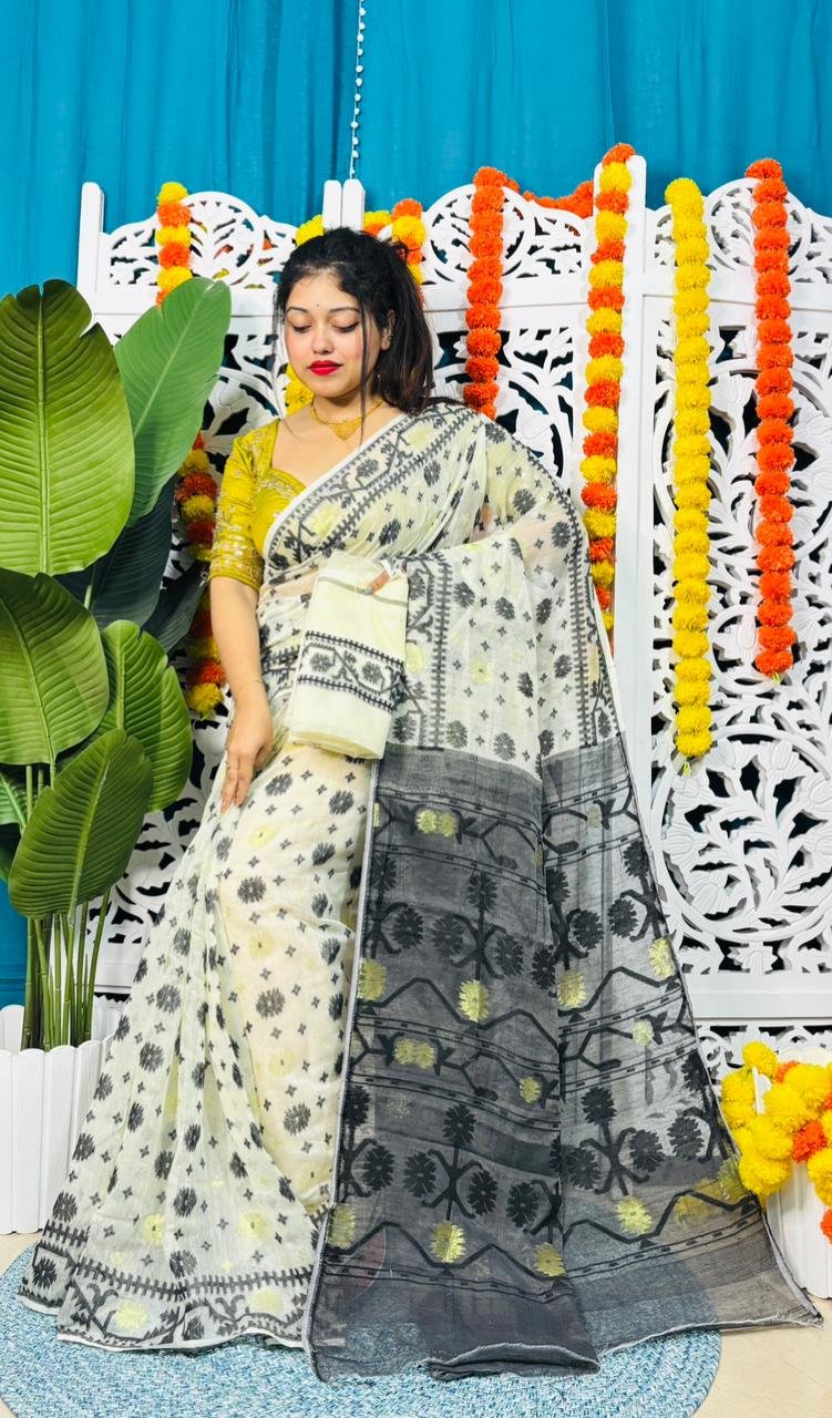 Star Buti Soft Cream Black Jamdani Saree