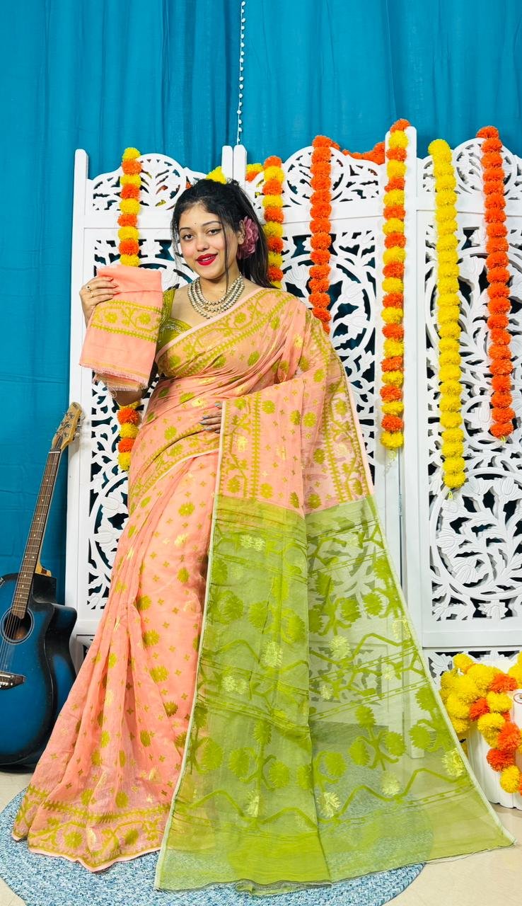 Star Buti Soft Paddo Kanok Pasta Jamdani Saree - Image 3