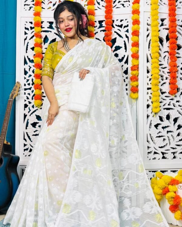 Star Buti Soft White Self Jamdani Saree