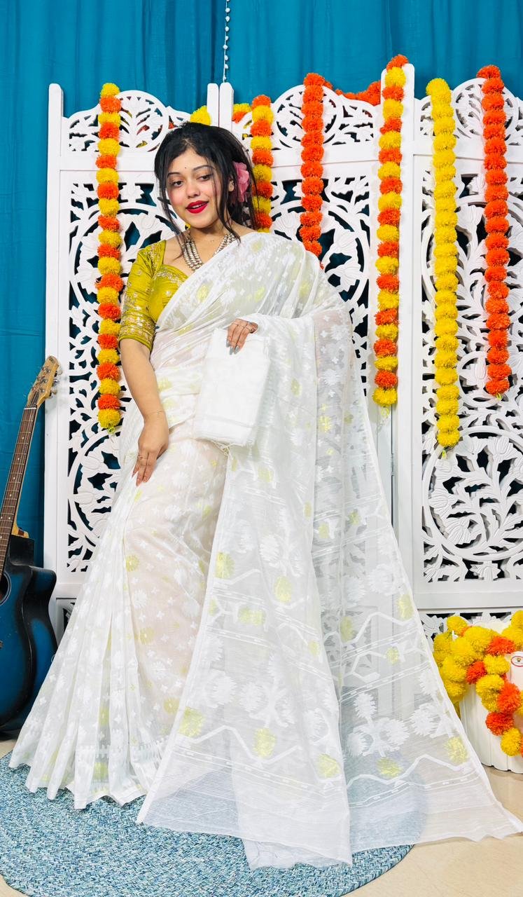 Star Buti Soft White Self Jamdani Saree