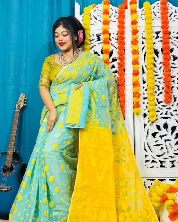 Star Buti Soft Firoja Yellow Jamdani Saree