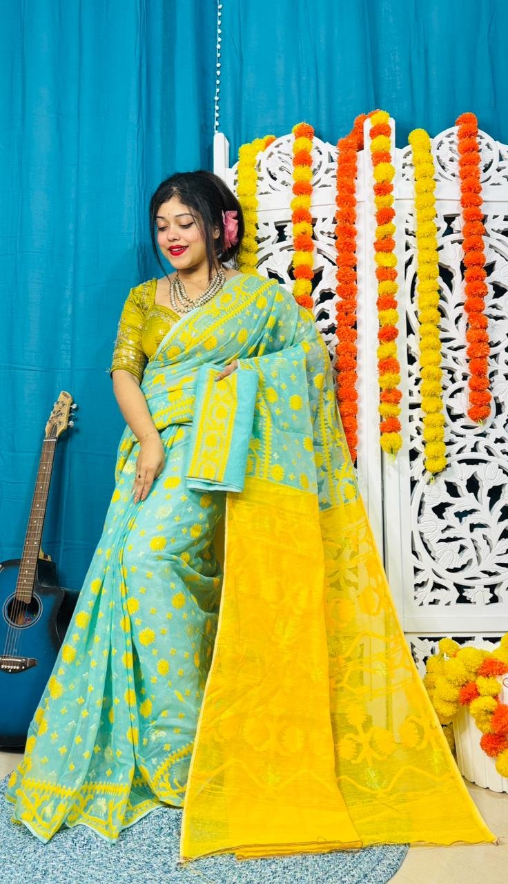 Star Buti Soft Firoja Yellow Jamdani Saree