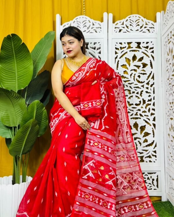Nimki Buti Soft Red White Jamdani Saree