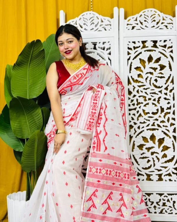 Nimki Buti Soft White Red Self Jamdani Saree