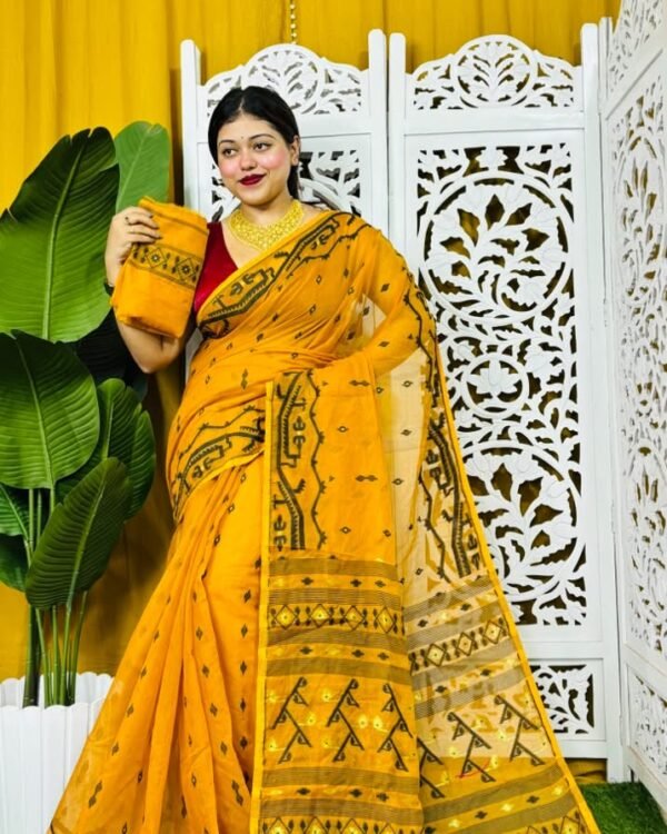 Nimki Buti Soft Deep Yellow Self Jamdani Saree
