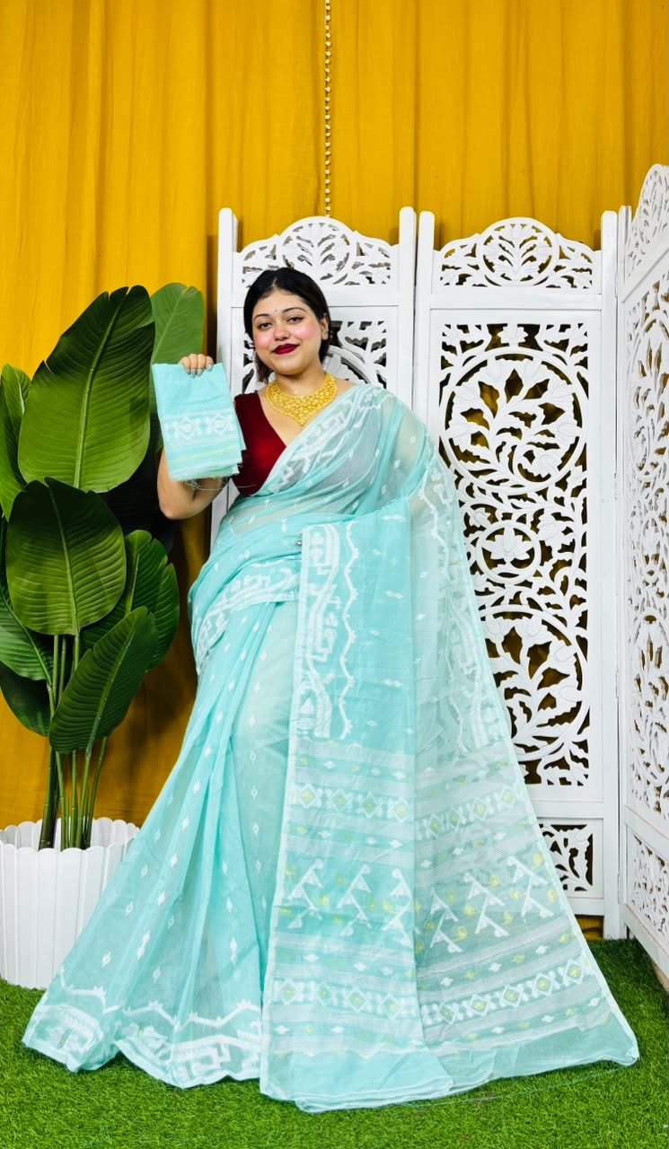 Nimki Buti Soft Light Firoja Self Jamdani Saree