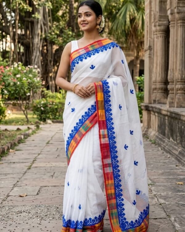 Resom Kota Applick Work White Blue Saree
