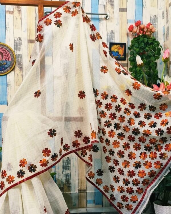 Flower Design Applick Work Cream Saree
