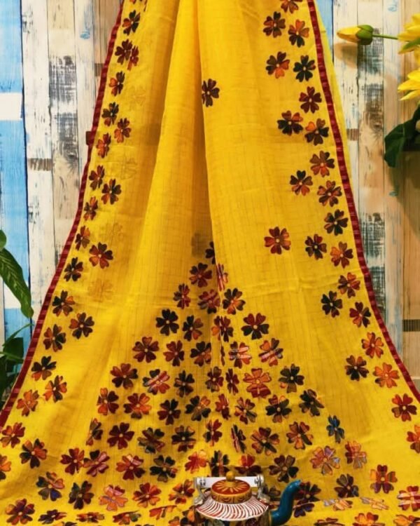 Flower Design Applick Work Yellow Saree