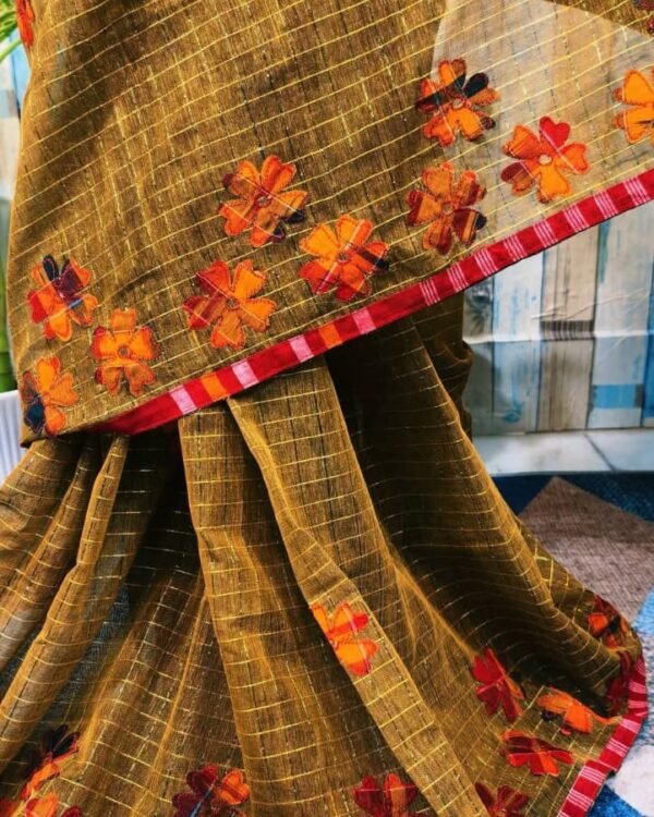 Flower Design Applick Work Brown Saree