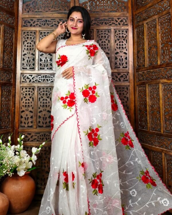Resom Kota Rose Ambodari Work White Red Saree