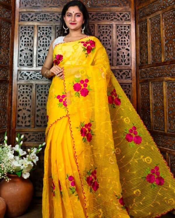 Resom Kota Rose Ambodari Work Yellow Rani Saree