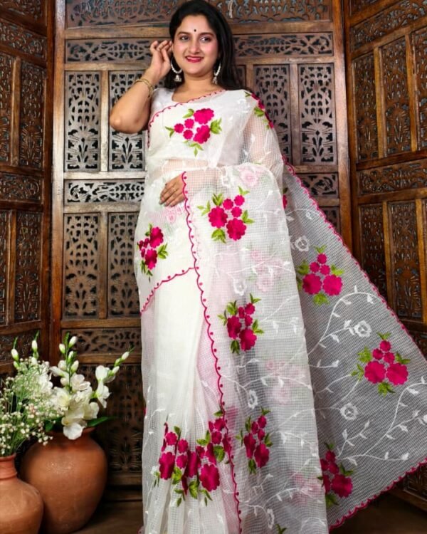 Resom Kota Rose Ambodari Work White Rani Saree