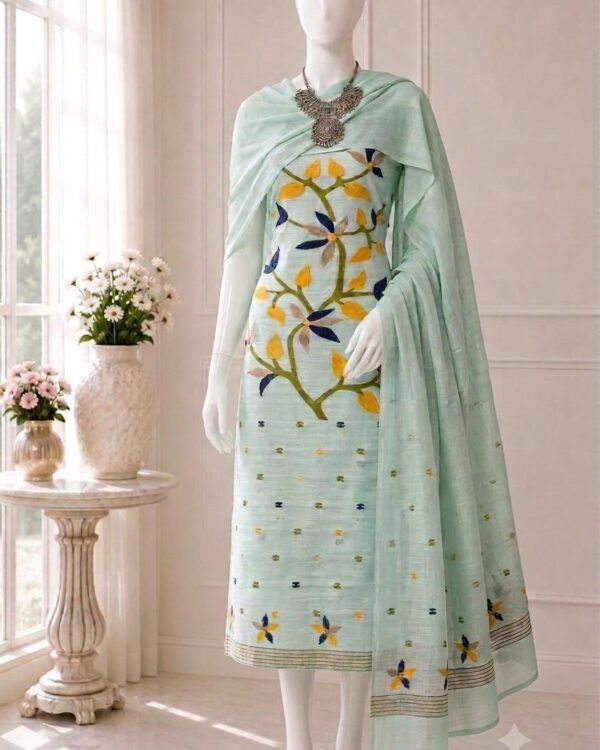 Lata Light Firoja Cotton Unstitched Jamdani Kurti Set