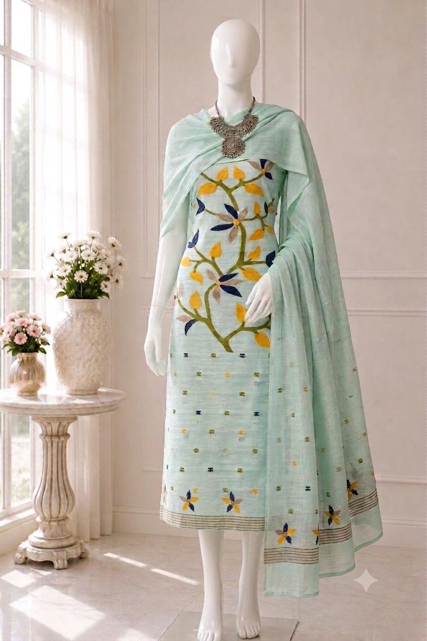 Lata Light Firoja Cotton Unstitched Jamdani Kurti Set