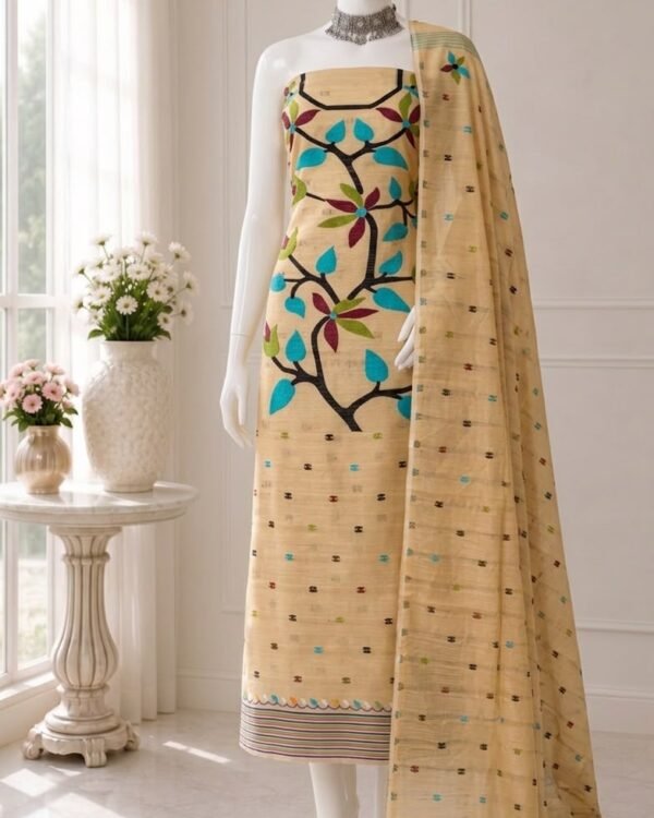 Lata Off White Cotton Unstitched Jamdani Kurti Set