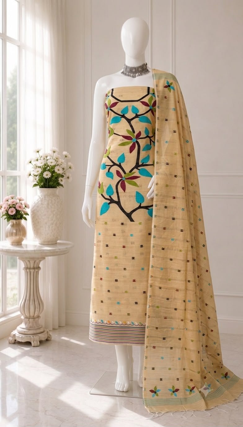 Lata Off White Cotton Unstitched Jamdani Kurti Set