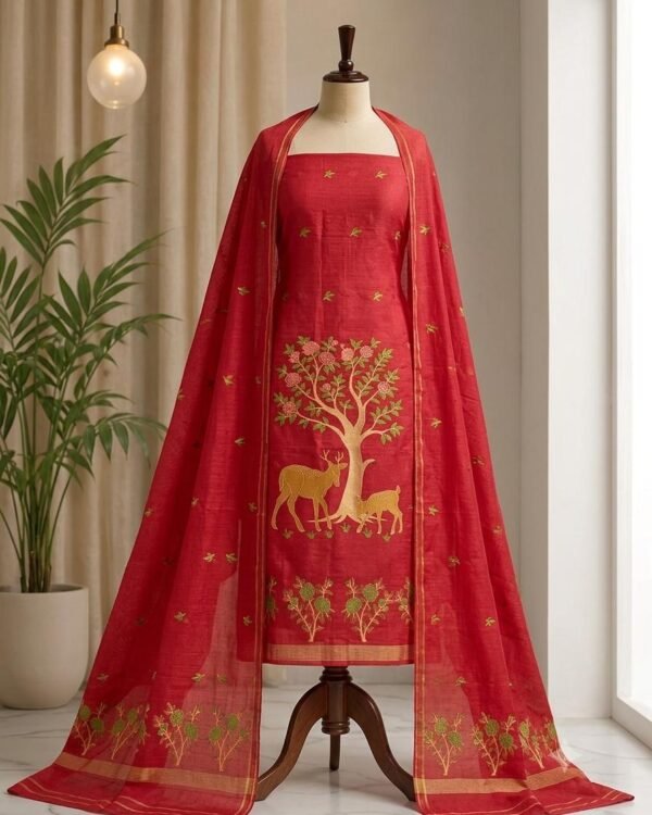 Aronnomaya Red Slab Cotton Unstitched Jamdani Kurti Set